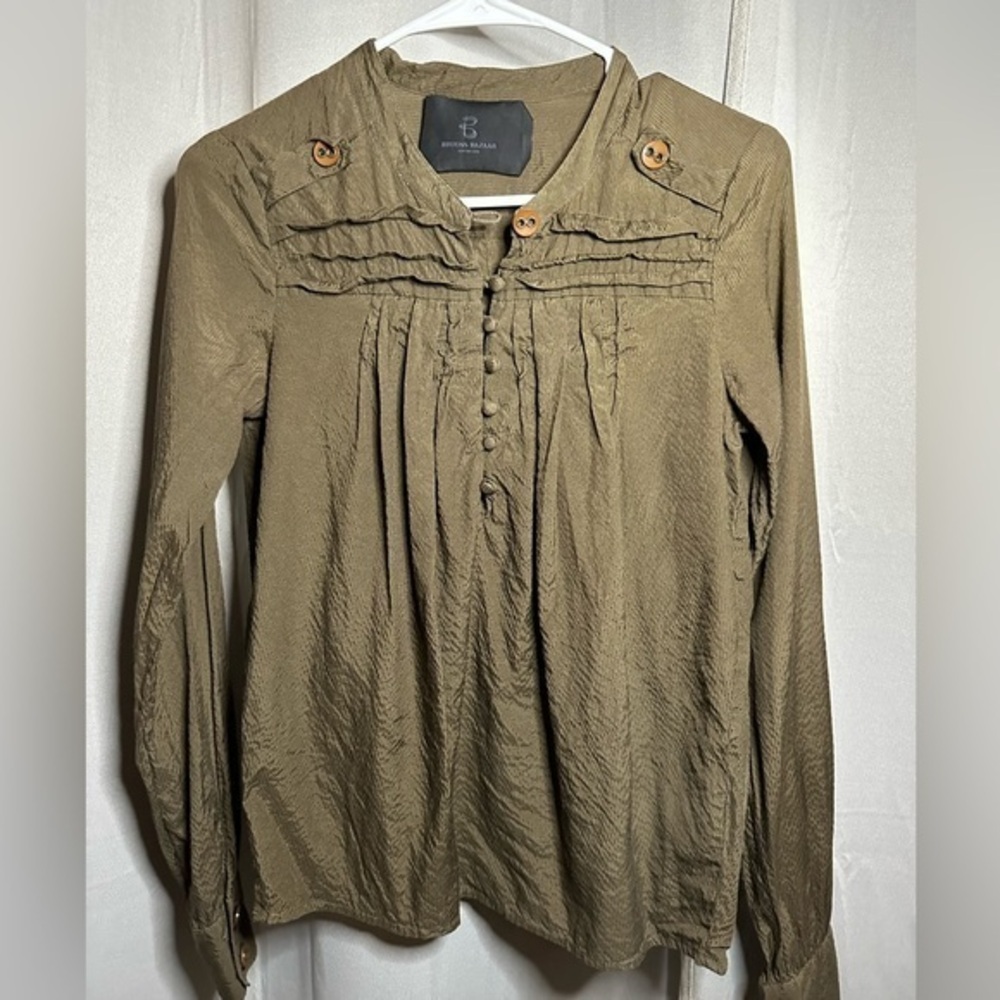 Bruuns Bazaar Copenhagen Silk Cotton Crinkle Ruffle Blouse Olive Green Sz 36‎